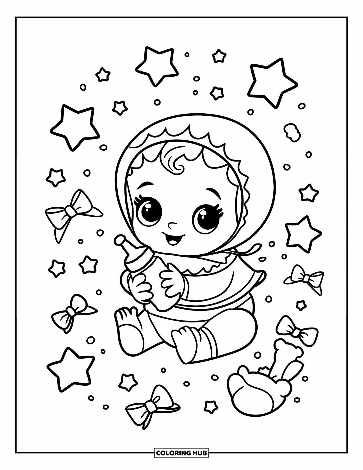 Baby Girl Coloring Page for Adults: A smiling baby girl with a bonnet holds a bottle and toy bear