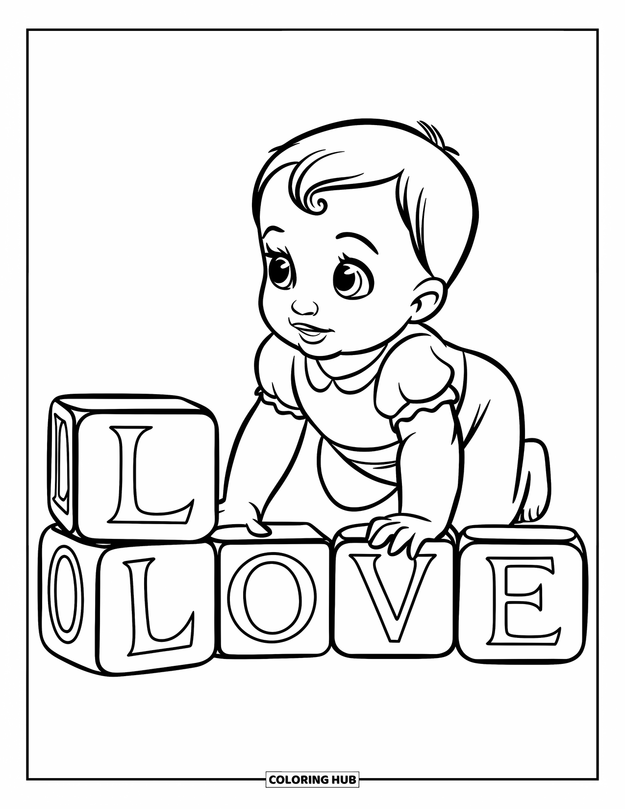 Baby Girl Coloring Page for Kids: A baby girl crawls beside wooden cubes spelling ìLOVE.î