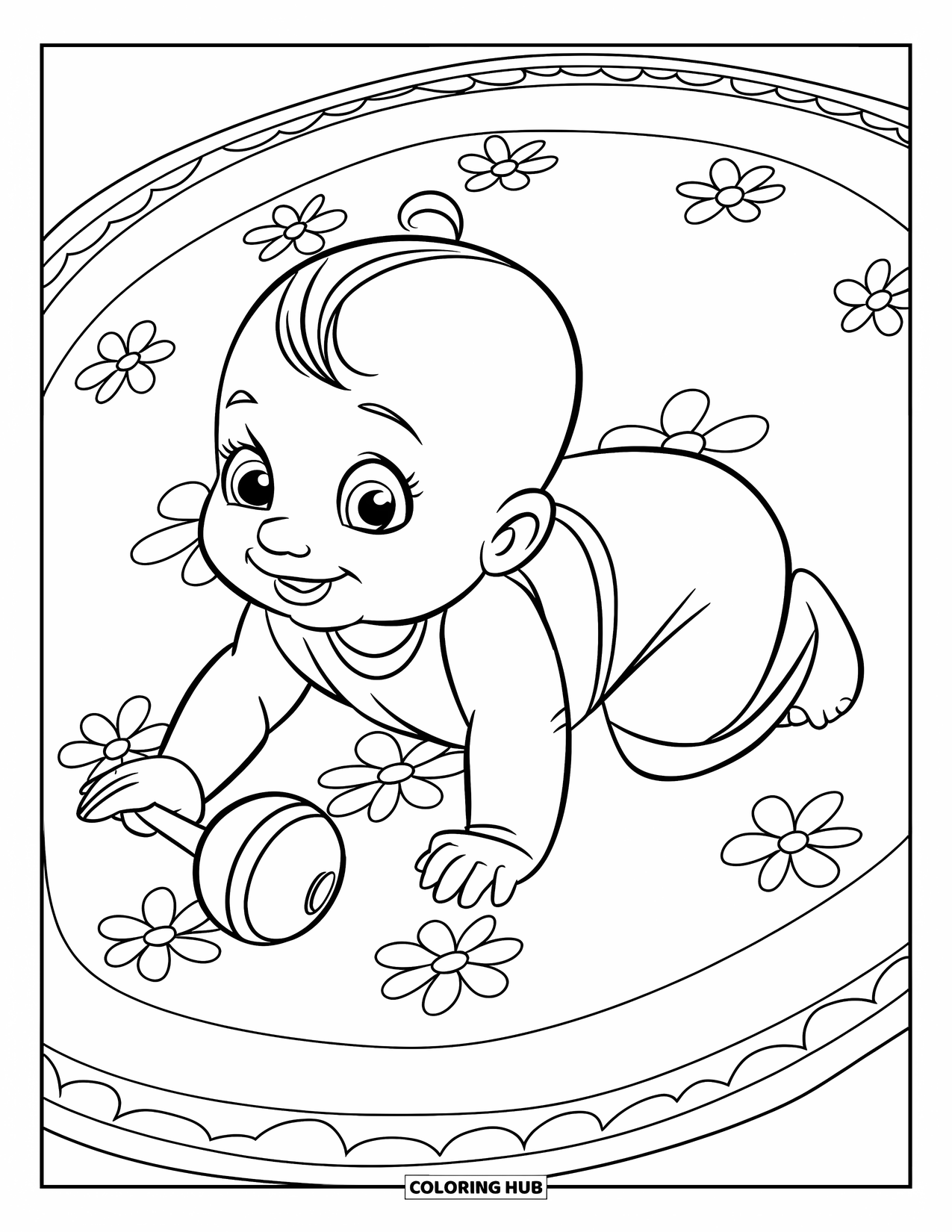 Baby Girl Coloring Page for Kids: A baby girl crawls on a soft rug with a rattle beside her