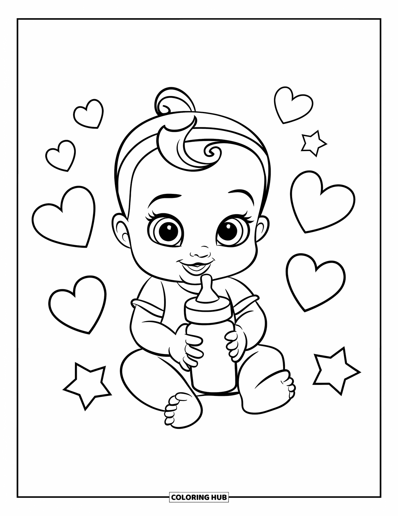Baby Girl Coloring Page for Kids: A baby girl holds a bottle surrounded by hearts and stars