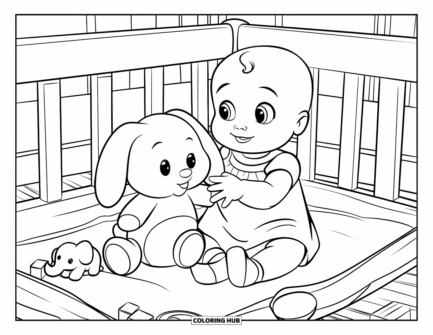 Baby Girl Coloring Page for Kids: A baby girl in a playpen plays with toys and a stuffed bunny