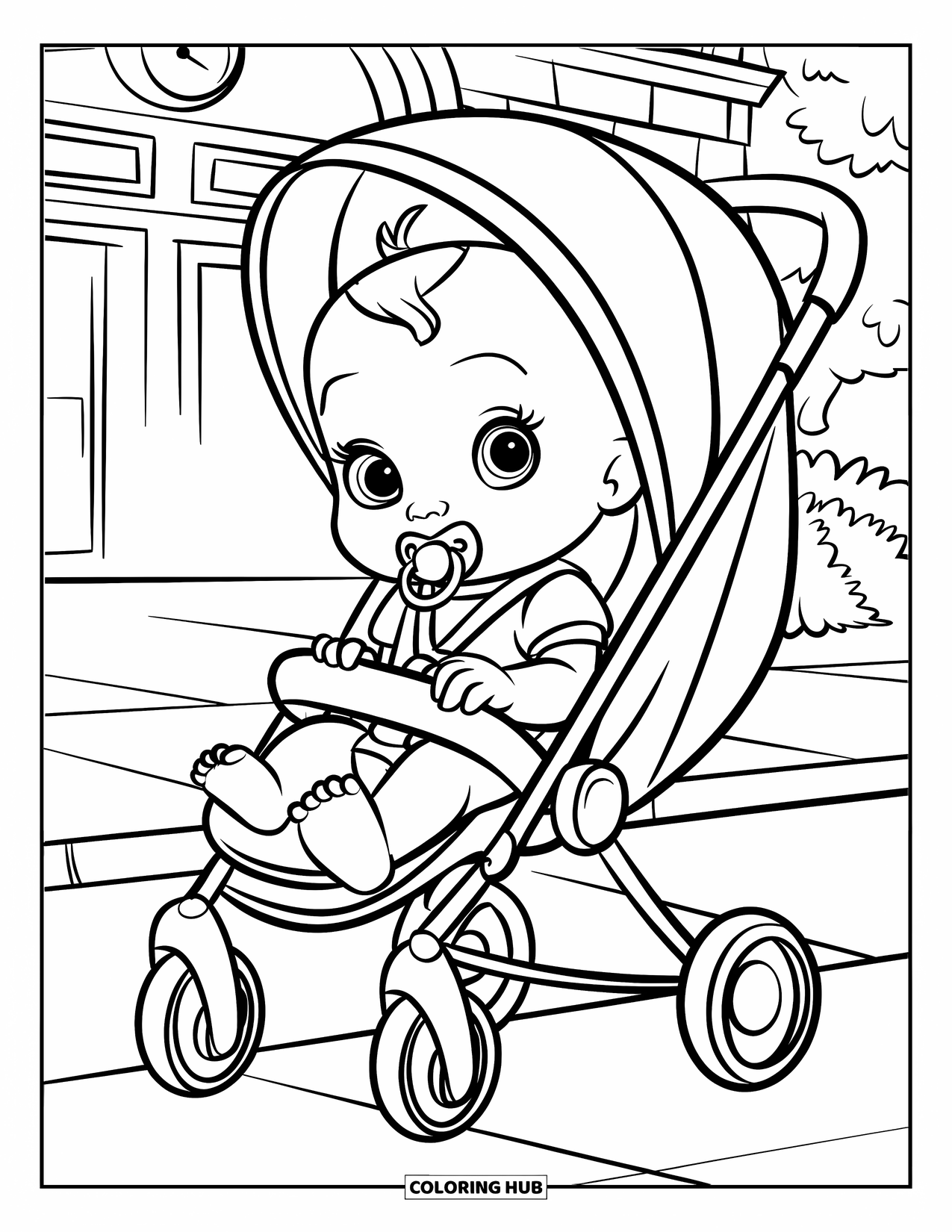 Baby Girl Coloring Page for Kids: A baby girl in a stroller holds her pacifier near trees and buildings
