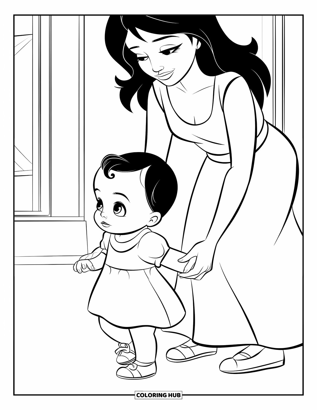Baby Girl Coloring Page for Kids: A baby girl practices walking as her mom supports her hands