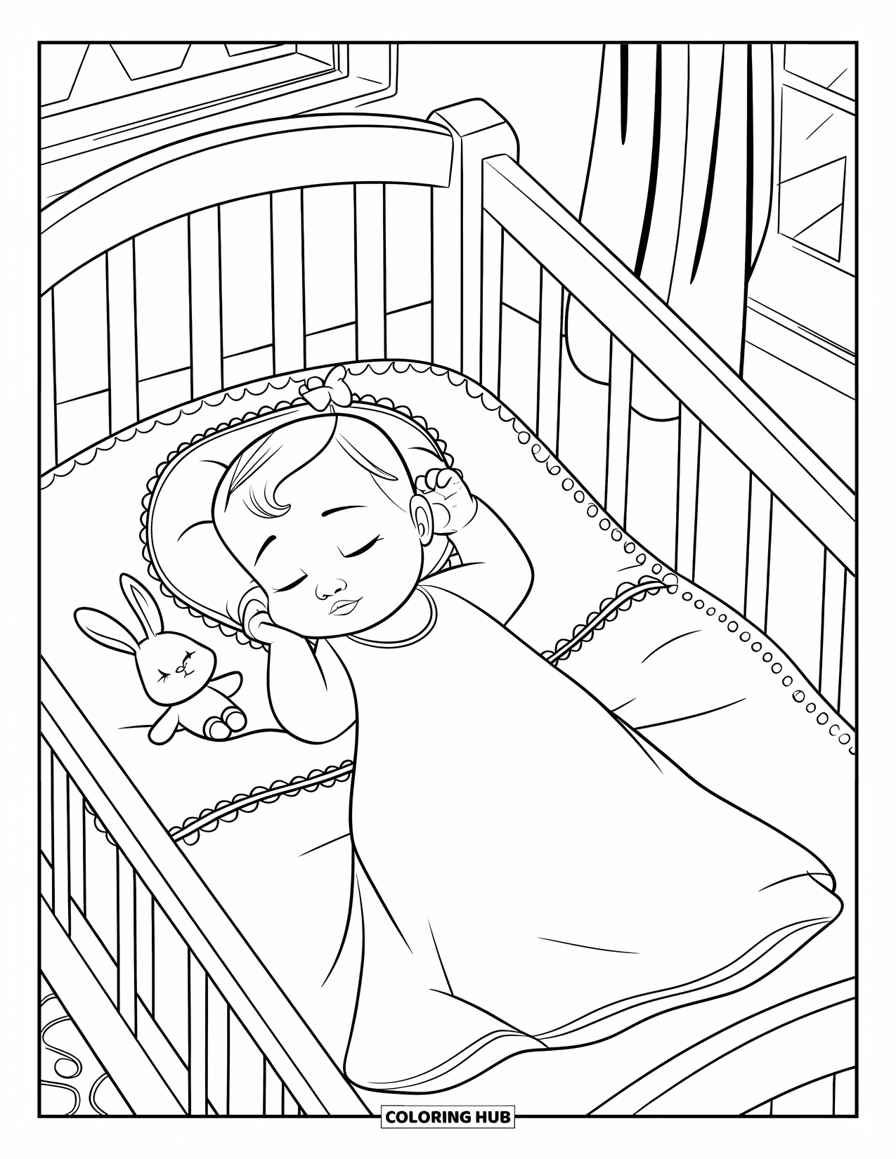 Baby Girl Coloring Page for Kids: A baby girl sleeps in her crib under a window with curtains