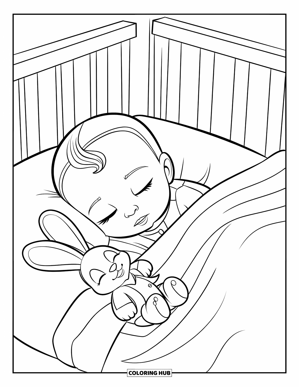 Baby Girl Coloring Page for Kids: A baby girl sleeps with her bunny in a cozy crib