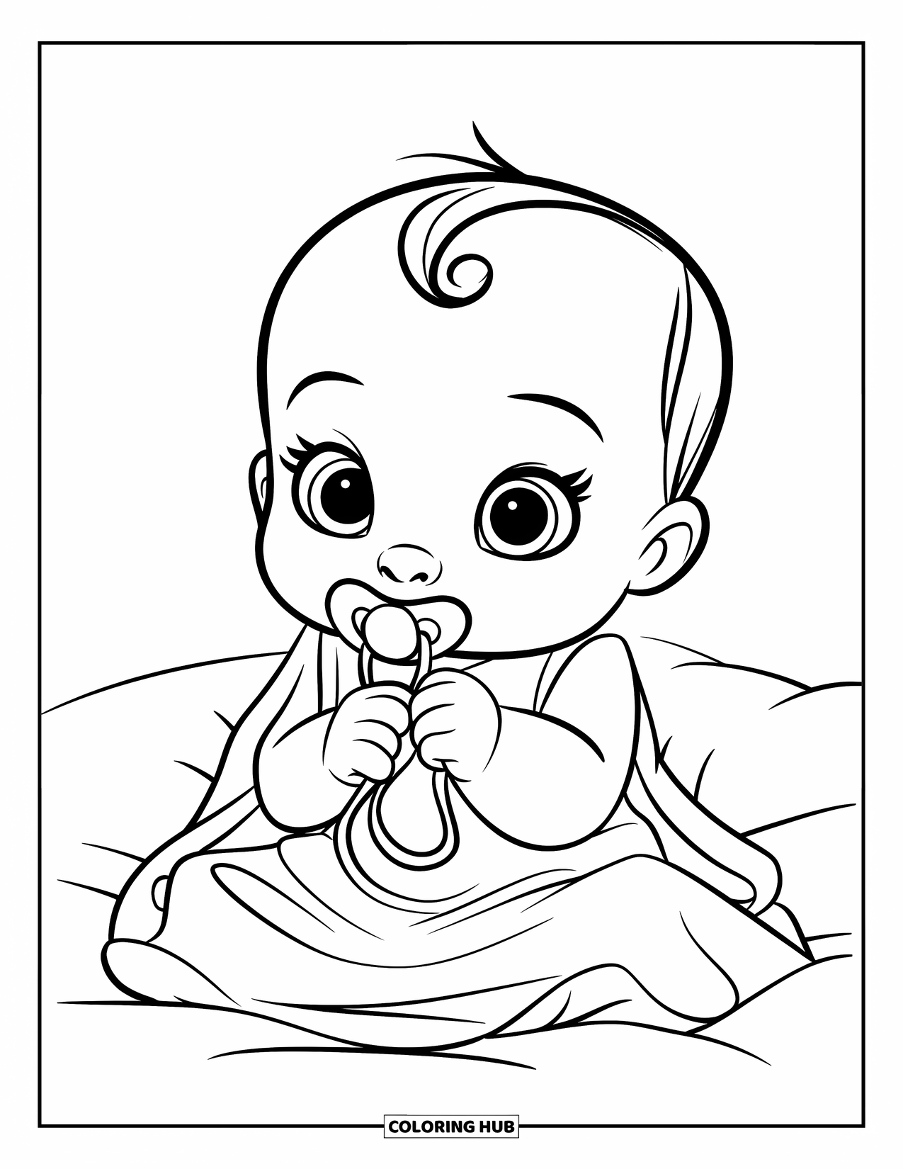 Baby Girl Coloring Page for Kids: A baby girl smiles while holding a pacifier on a soft blanket