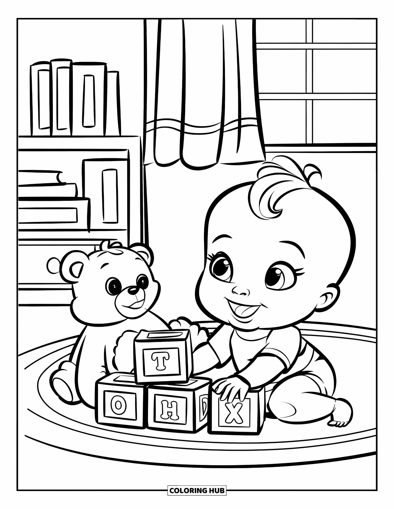 Baby Girl Coloring Page for Kids: A baby girl stacks alphabet blocks beside her stuffed bear