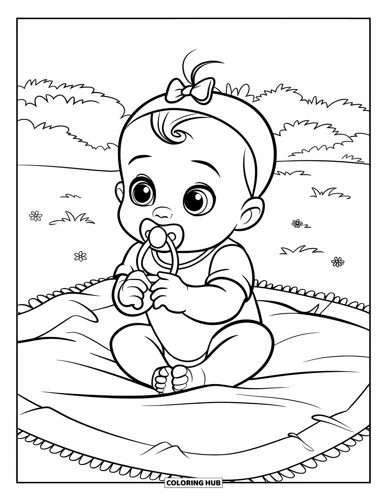 Baby Girl Coloring Page for Kids: A baby girl with a bow sits on a blanket in a field