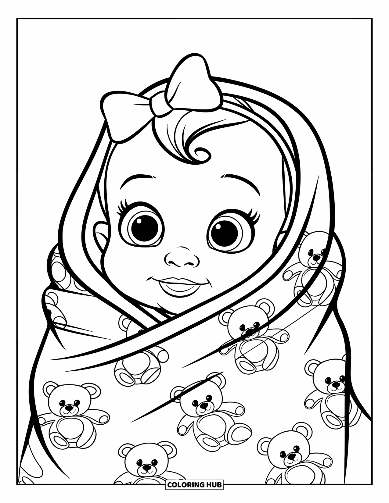Baby Girl Coloring Page for Kids: A baby girl with big eyes smiles under a teddy bear blanket