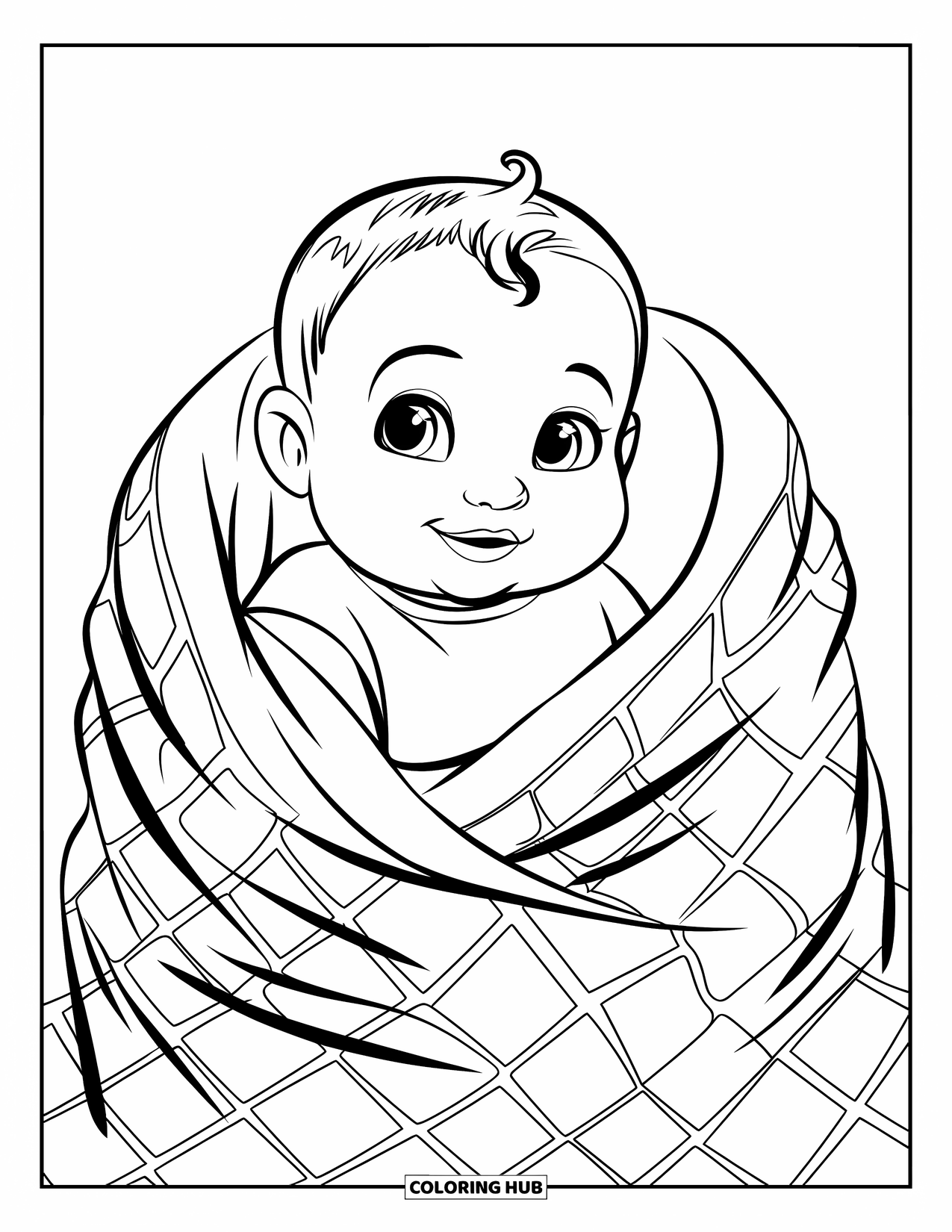 Baby Girl Coloring Page for Kids: A baby girl wrapped in a checkered blanket smiles sweetly