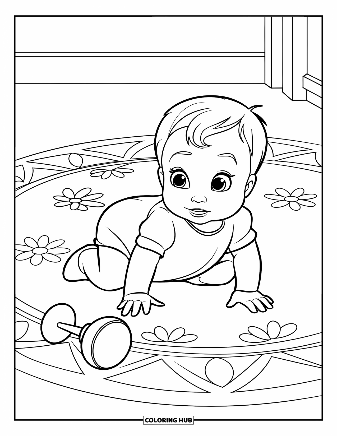Baby Girl Coloring Page for Kids: A cheerful baby girl crawls on a floral rug with a rattle nearby