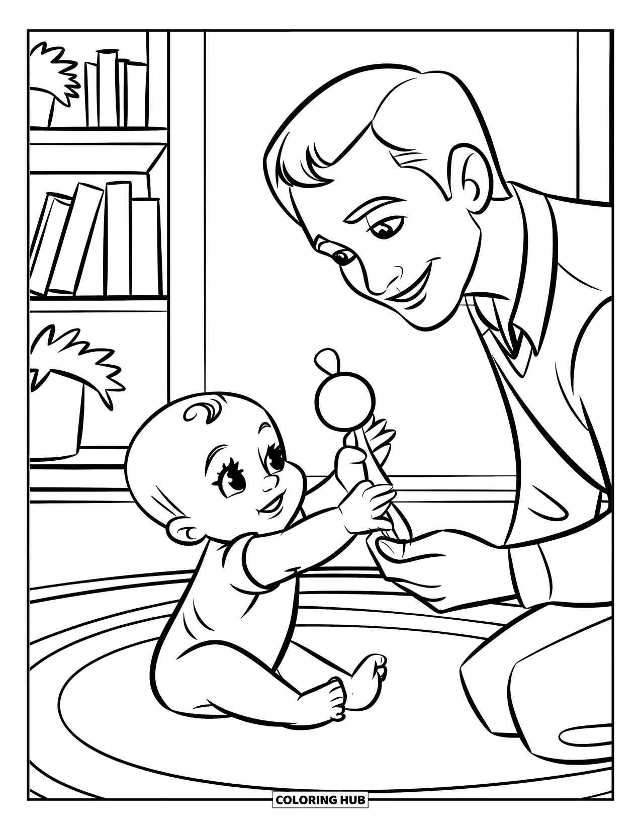 Baby Girl Coloring Page for Kids: A dad playfully holds a rattle as his baby girl reaches up