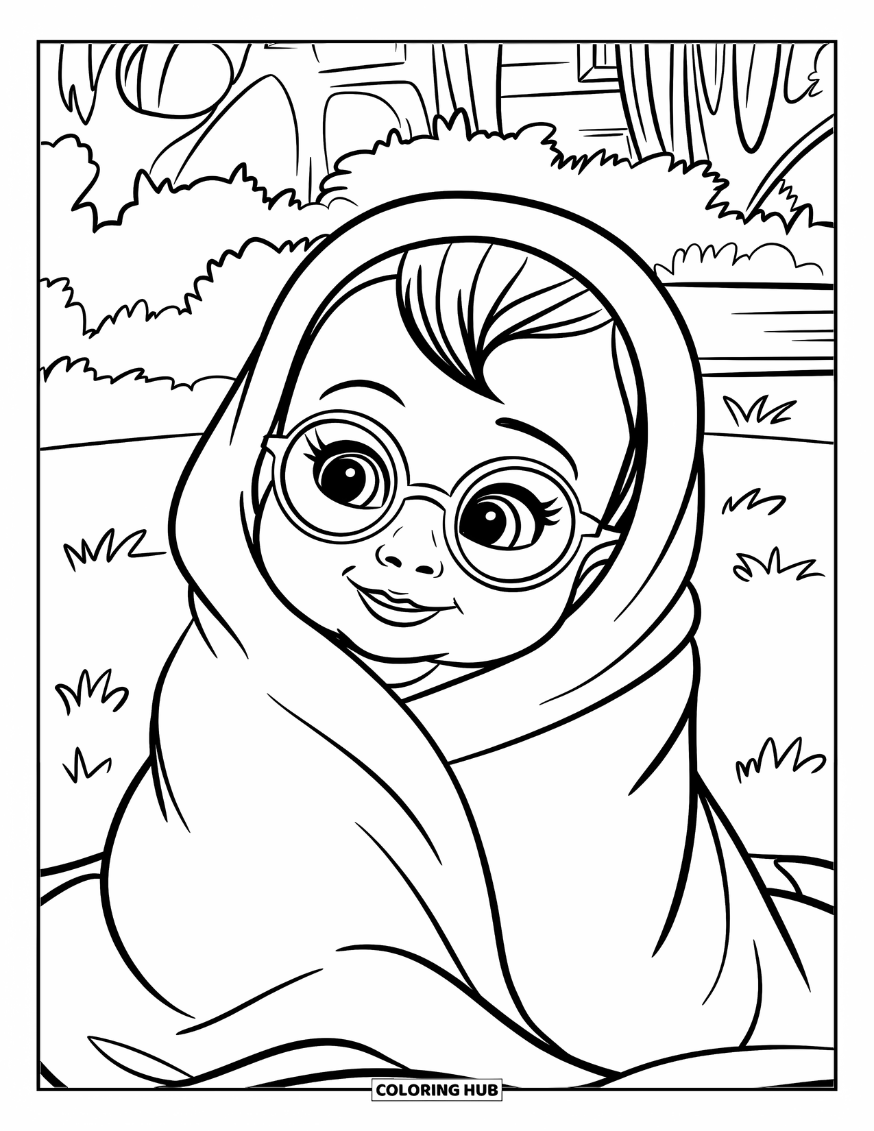 Baby Girl Coloring Page for Kids: A smiling baby girl in glasses is wrapped snugly in a cozy blanket