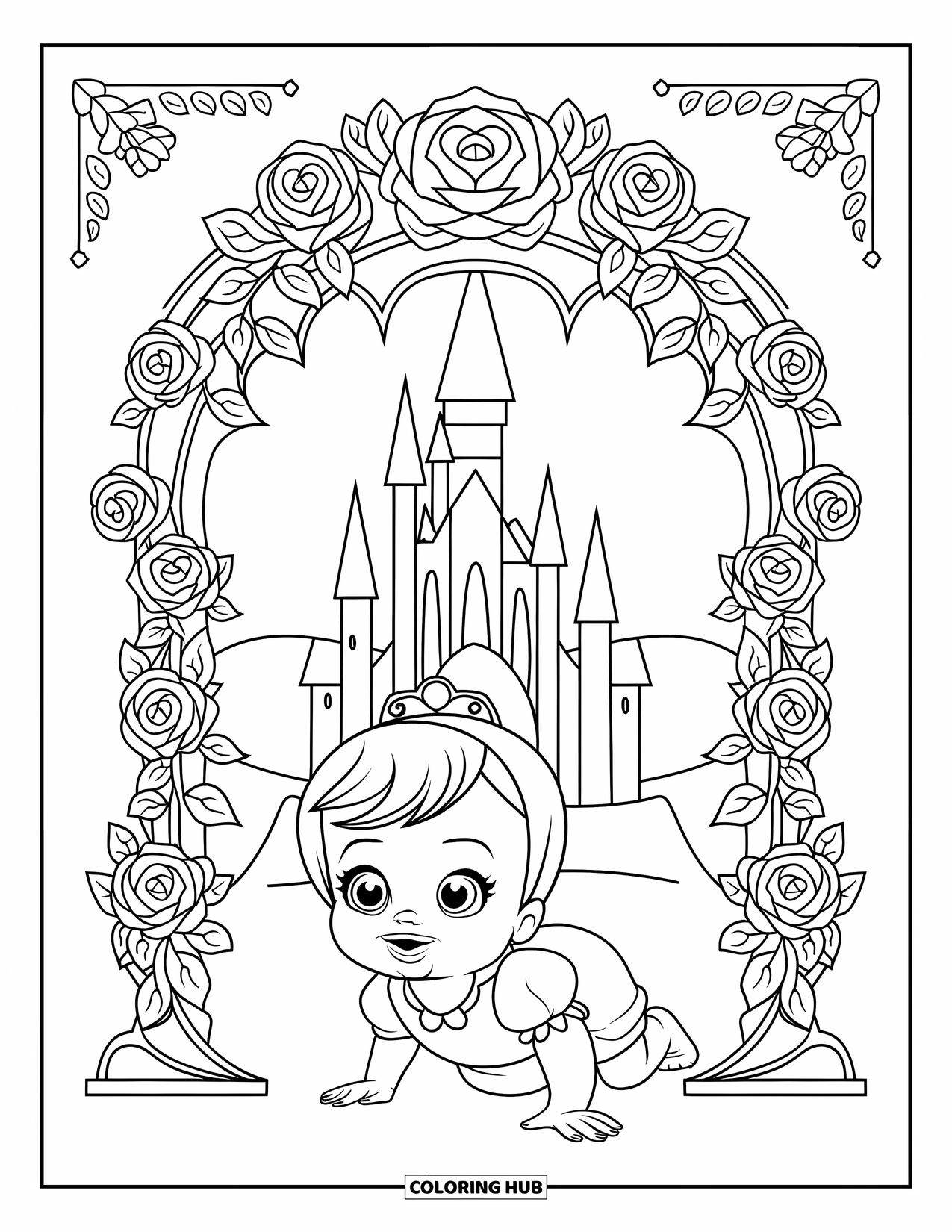 Baby Princess Coloring Page for Adults: A baby princess crawls under a symmetrical arch of roses and leaves