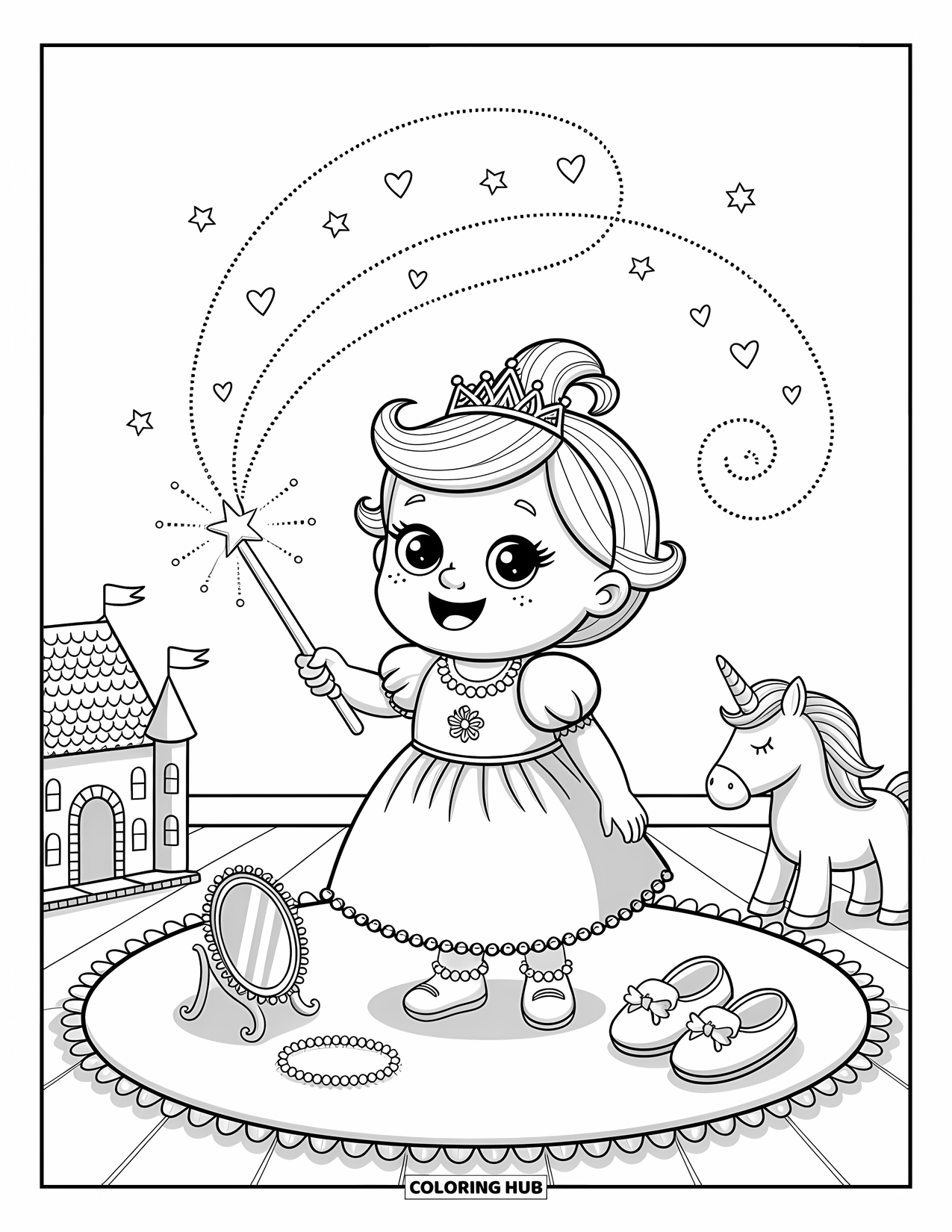 Baby Princess Coloring Page for Adults: A baby princess creates stars and hearts with her glowing wand