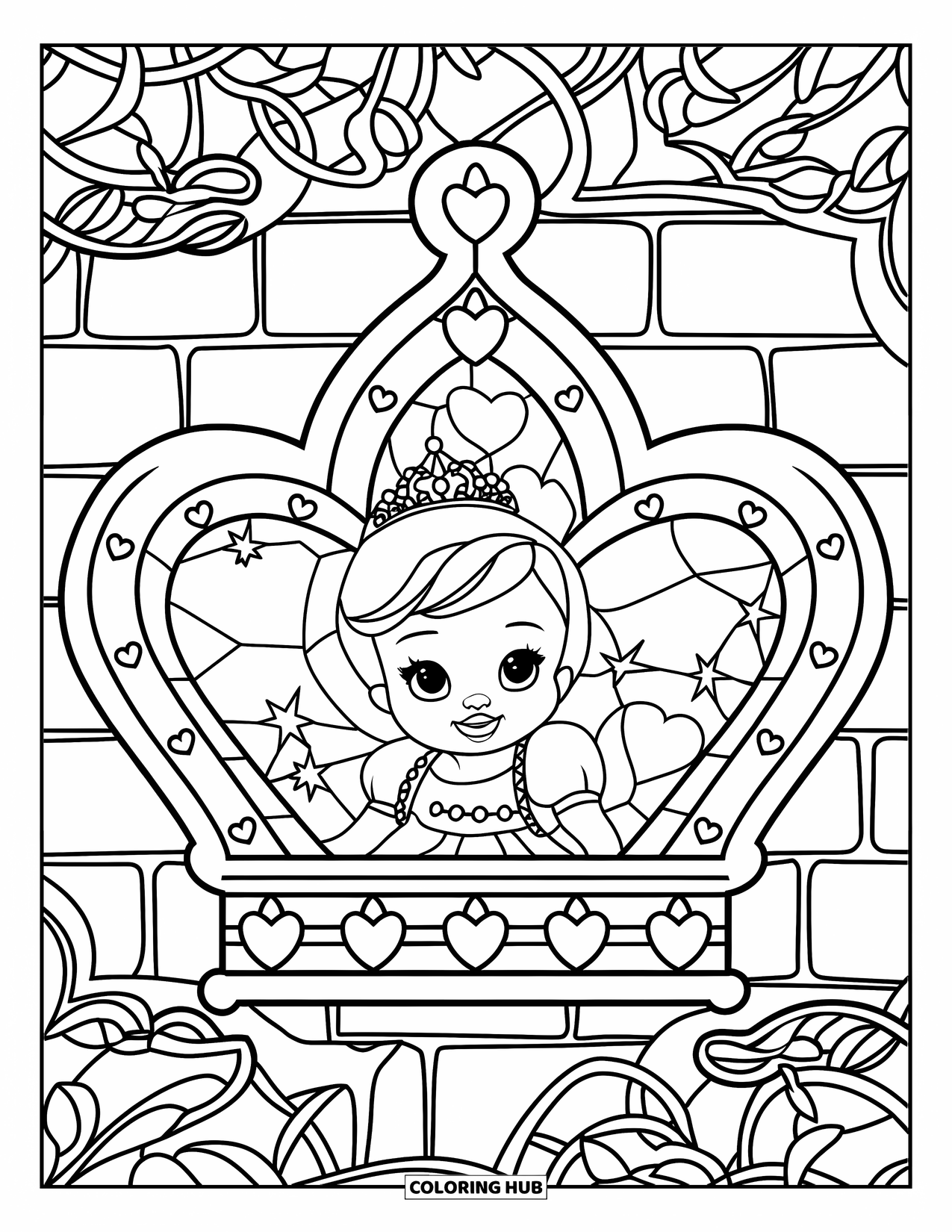 Baby Princess Coloring Page for Adults: A baby princess framed by stained glass filled with hearts and flowers