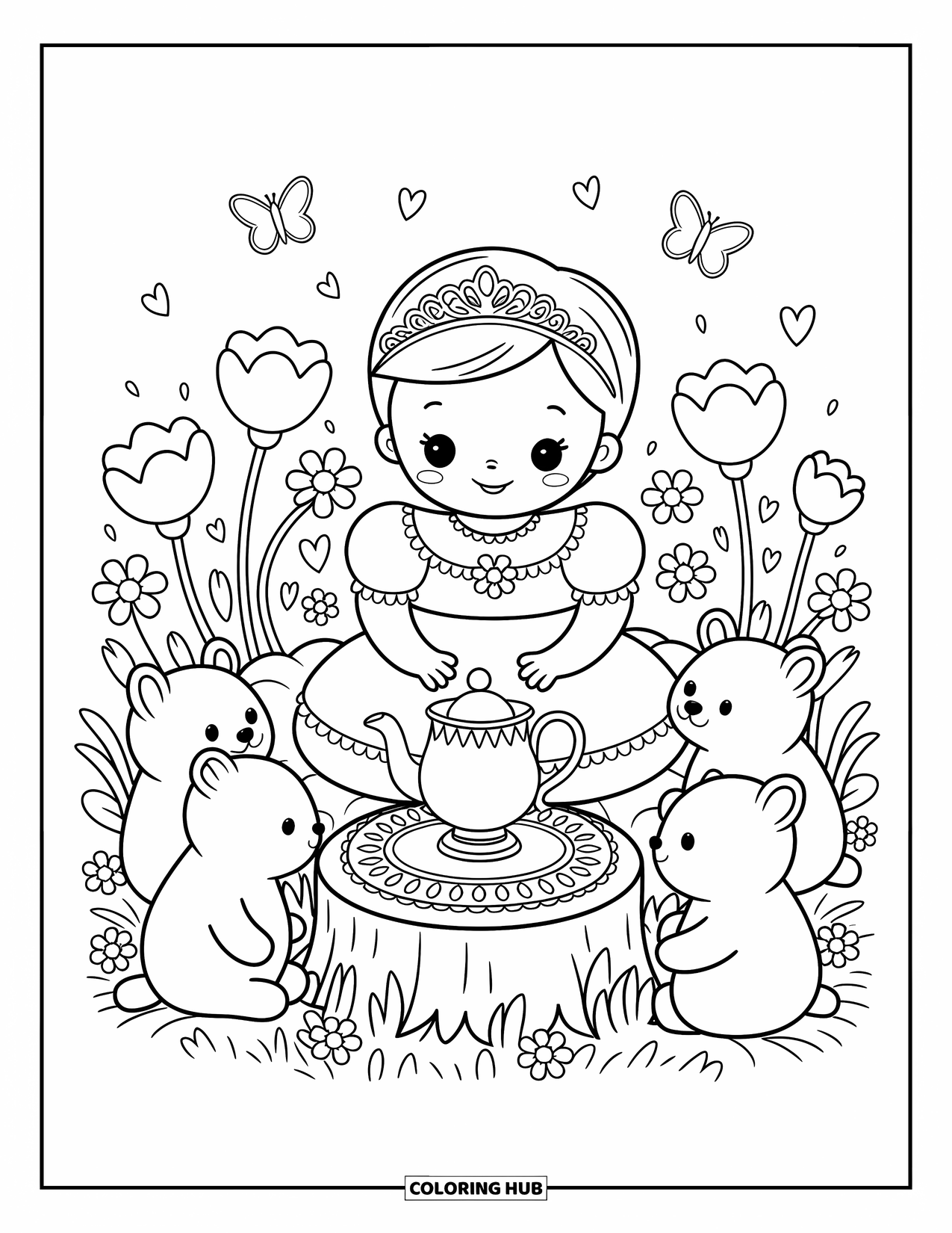 Baby Princess Coloring Page for Adults: A baby princess hosts a tea party with her stuffed animal friends