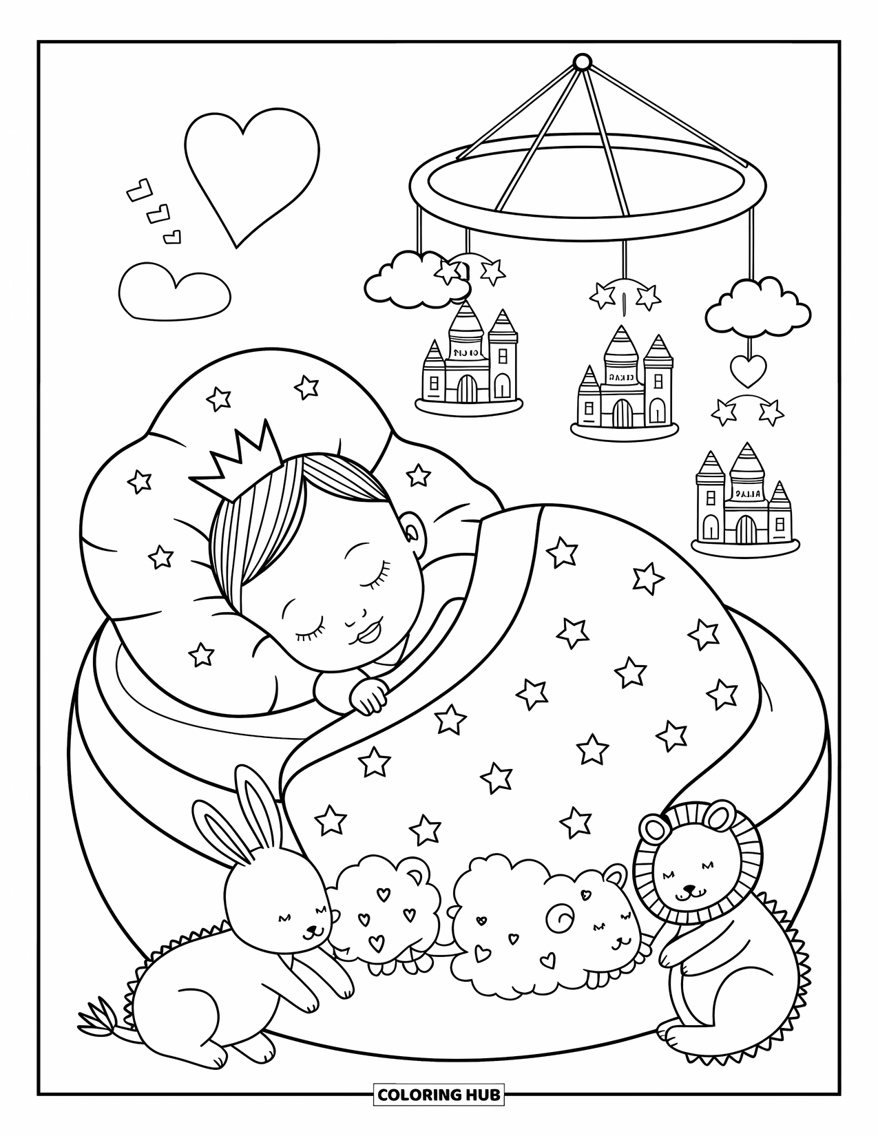 Baby Princess Coloring Page for Adults: A baby princess naps surrounded by plush toys and a moon-and-stars blanket