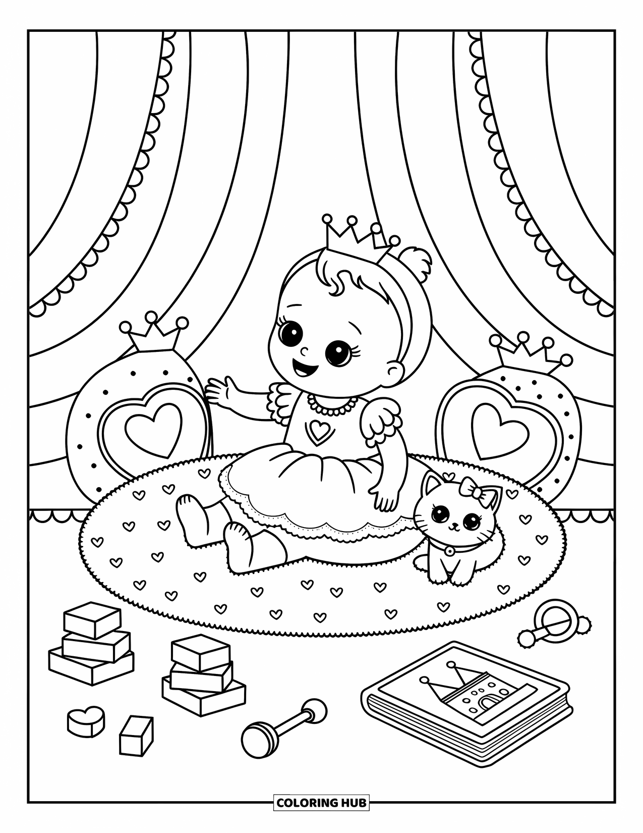 Baby Princess Coloring Page for Adults: A baby princess plays happily with her kitten surrounded by toys