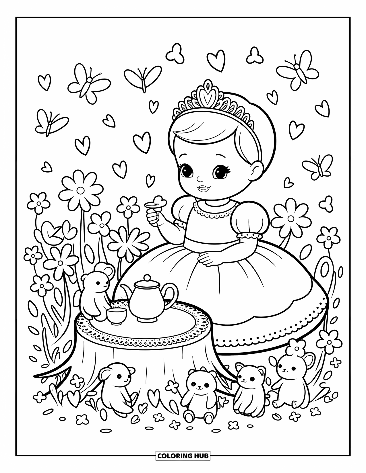 Baby Princess Coloring Page for Adults: A baby princess pours tea for plushies in a blooming garden