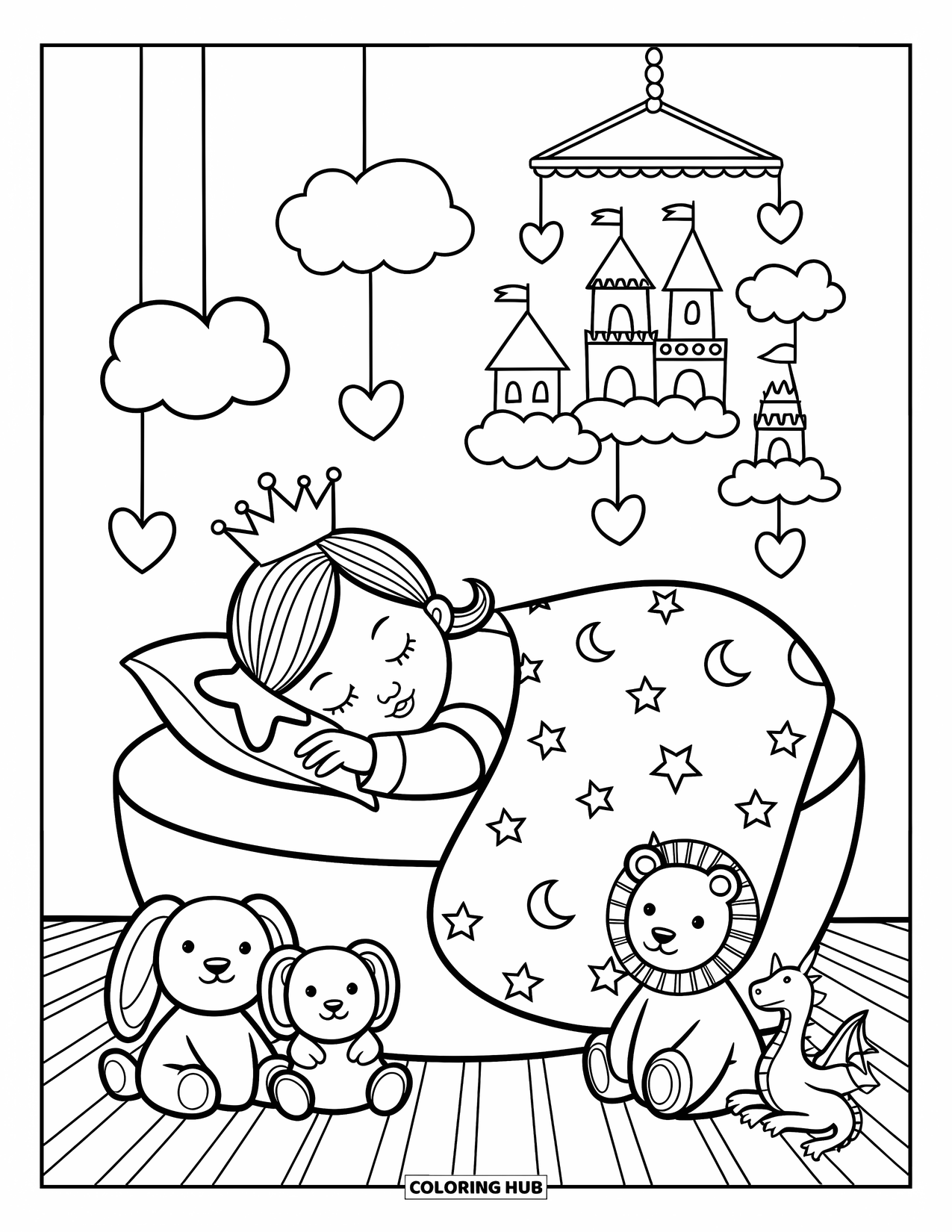 Baby Princess Coloring Page for Adults: A baby princess sleeps peacefully with her star pillow and crown askew