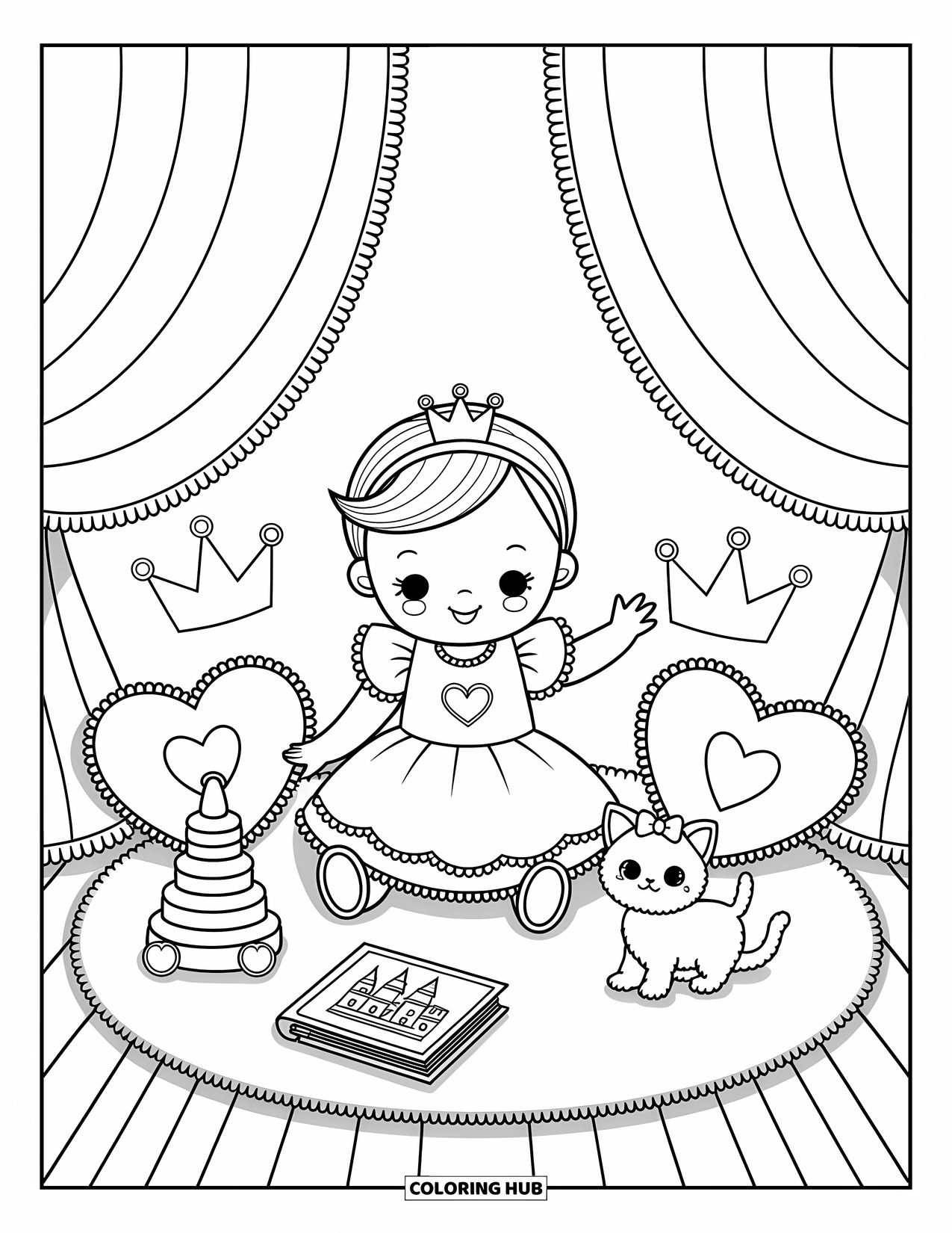 Baby Princess Coloring Page for Adults: A baby princess smiles at her kitten while sitting among her pillows