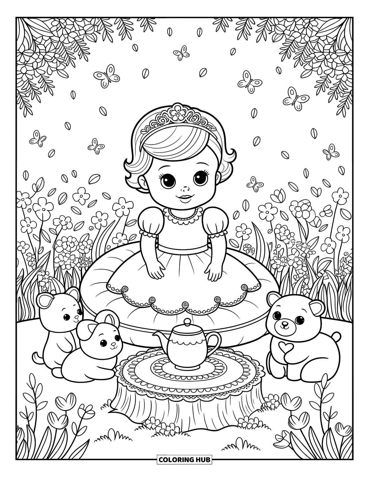 Baby Princess Coloring Page for Adults: A baby princess smiles during her pretend tea party with animal toys