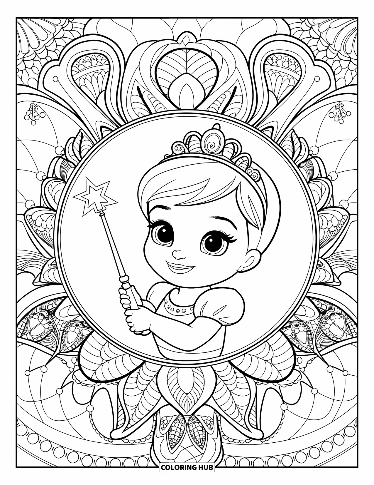 Baby Princess Coloring Page for Adults: A baby princess smiles holding her wand framed by botanical lace