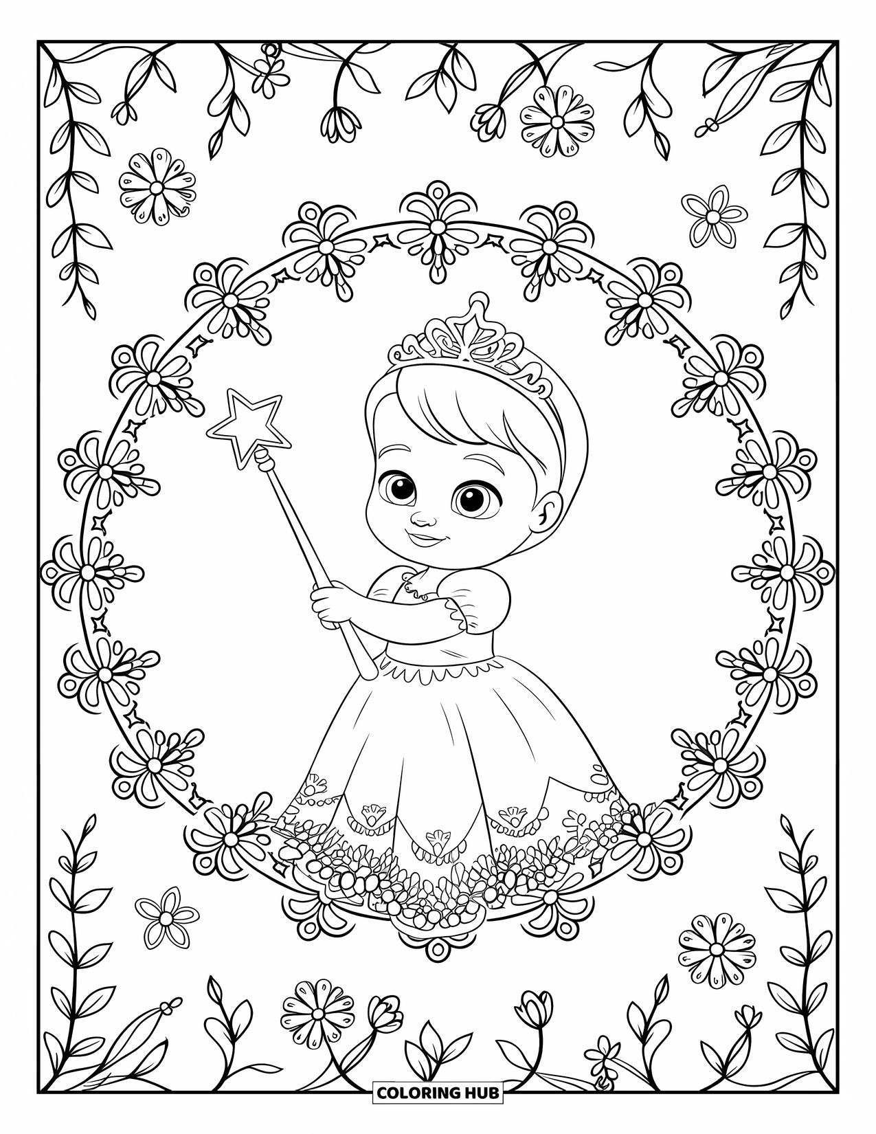 Baby Princess Coloring Page for Adults: A baby princess with her magic wand amid vines and flowers