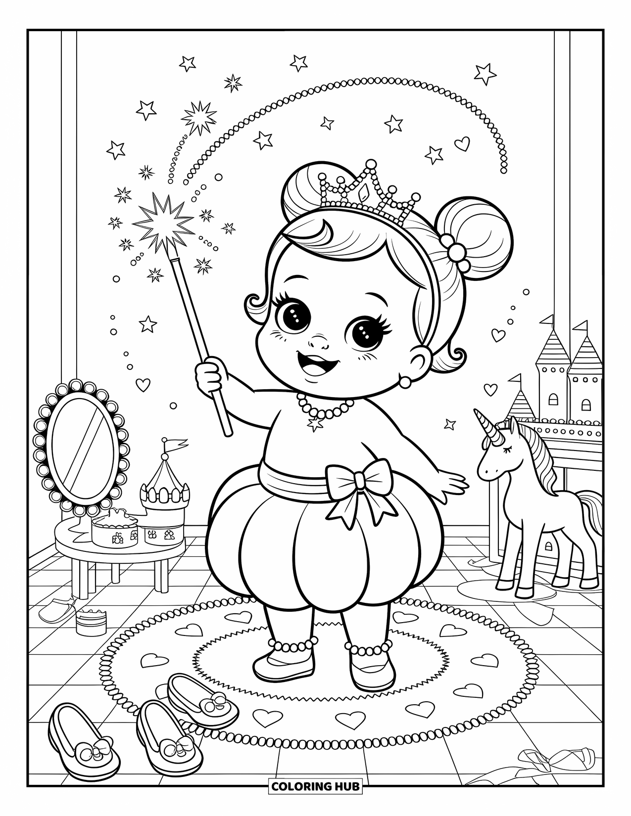 Baby Princess Coloring Page for Adults: A cheerful princess makes magic as her toys watch in wonder