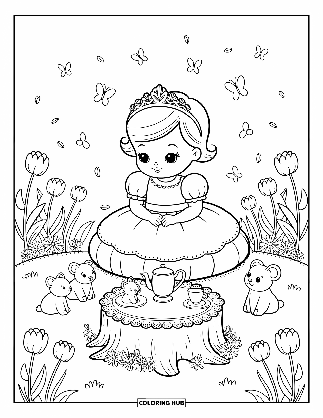 Baby Princess Coloring Page for Adults: A princess enjoys tea with her plush friends among butterflies and flowers