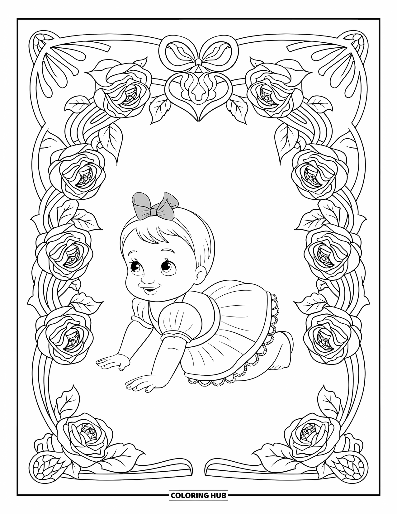 Baby Princess Coloring Page for Adults: A tiny princess crawls under a detailed rose and vine archway