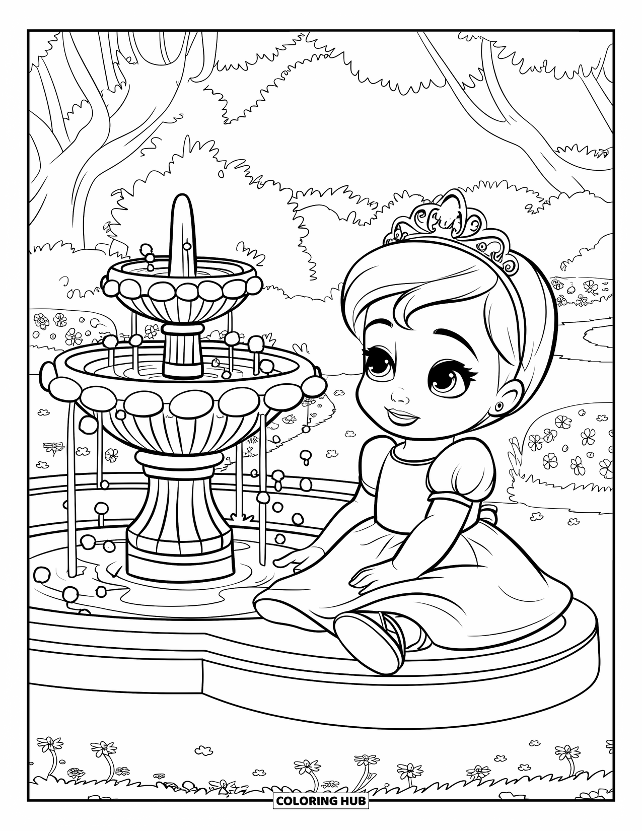 Baby Princess Coloring Page for Kids: A baby princess admires a magical fountain in a quiet garden