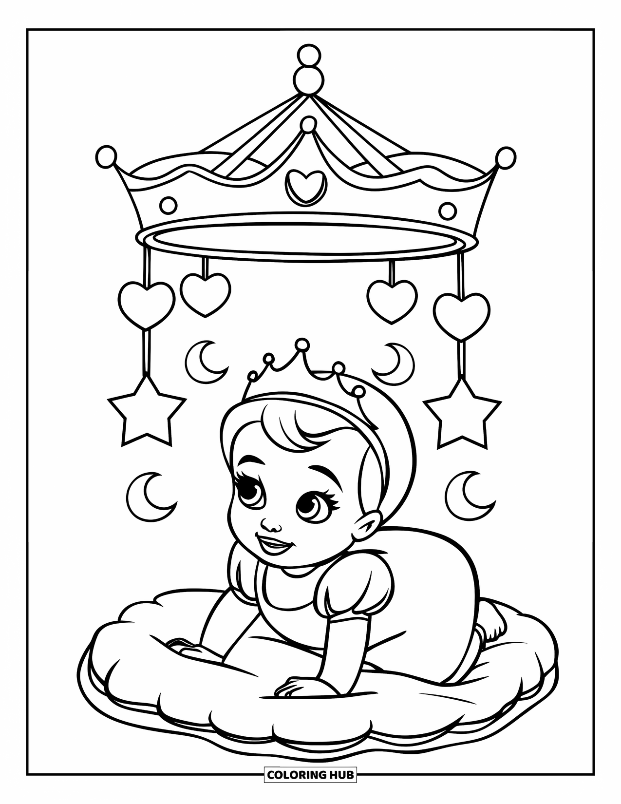 Baby Princess Coloring Page for Kids: A baby princess crawls on a fluffy cushion beneath a royal mobile
