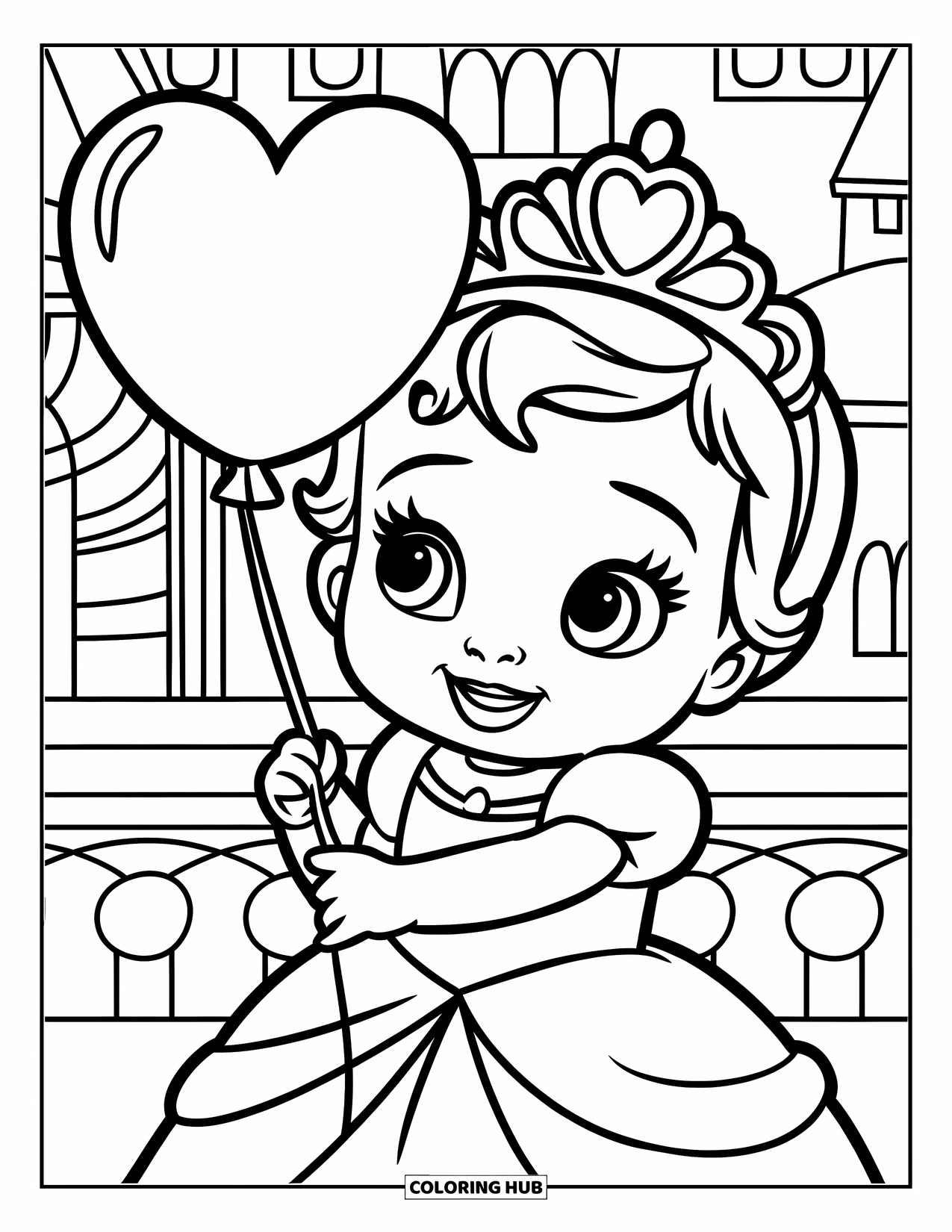 Baby Princess Coloring Page for Kids: A baby princess holds a heart-shaped balloon beside her castle