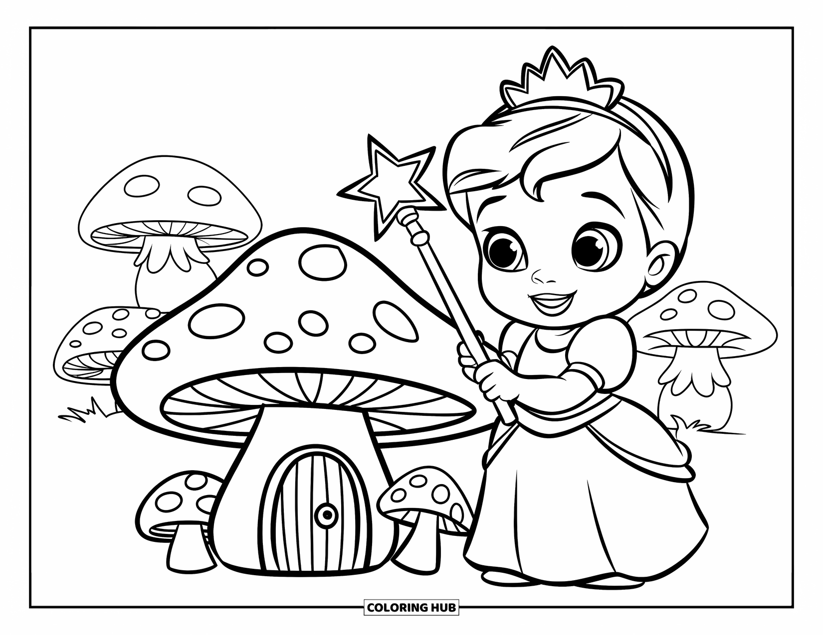 Baby Princess Coloring Page for Kids: A baby princess holds a wand beside a tiny mushroom house