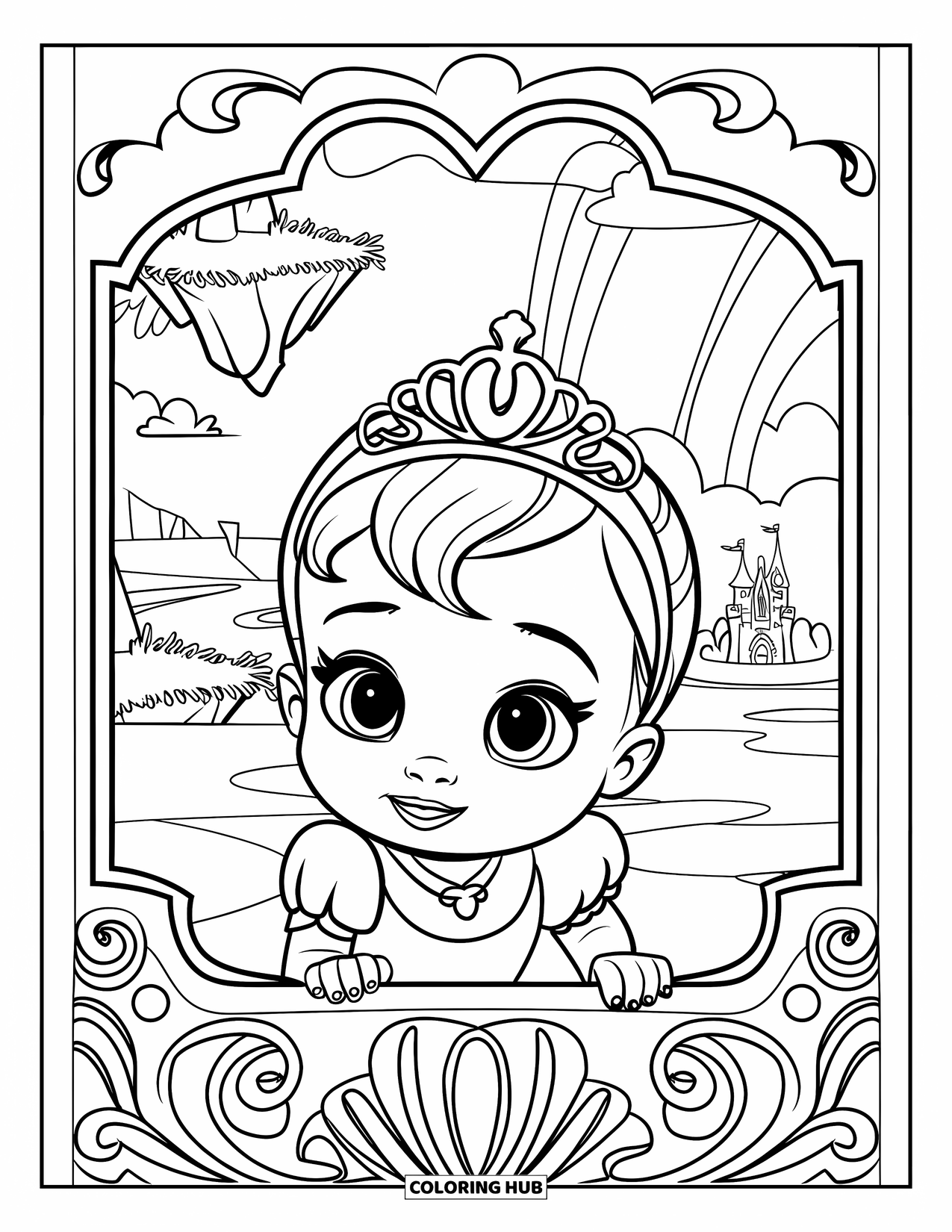 Baby Princess Coloring Page for Kids: A baby princess peeks through an ornate doorway into a fairy realm
