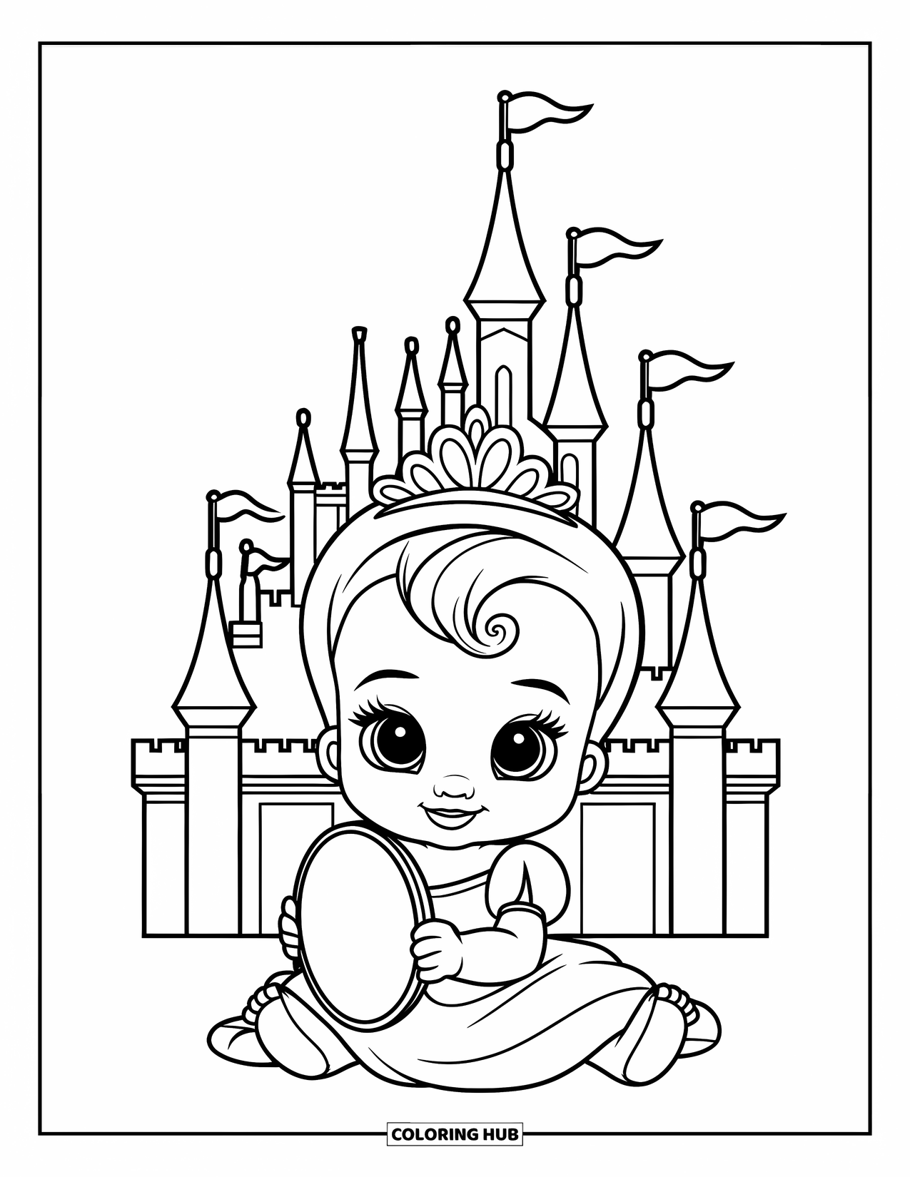 Baby Princess Coloring Page for Kids: A baby princess sits before a miniature castle holding a mirror
