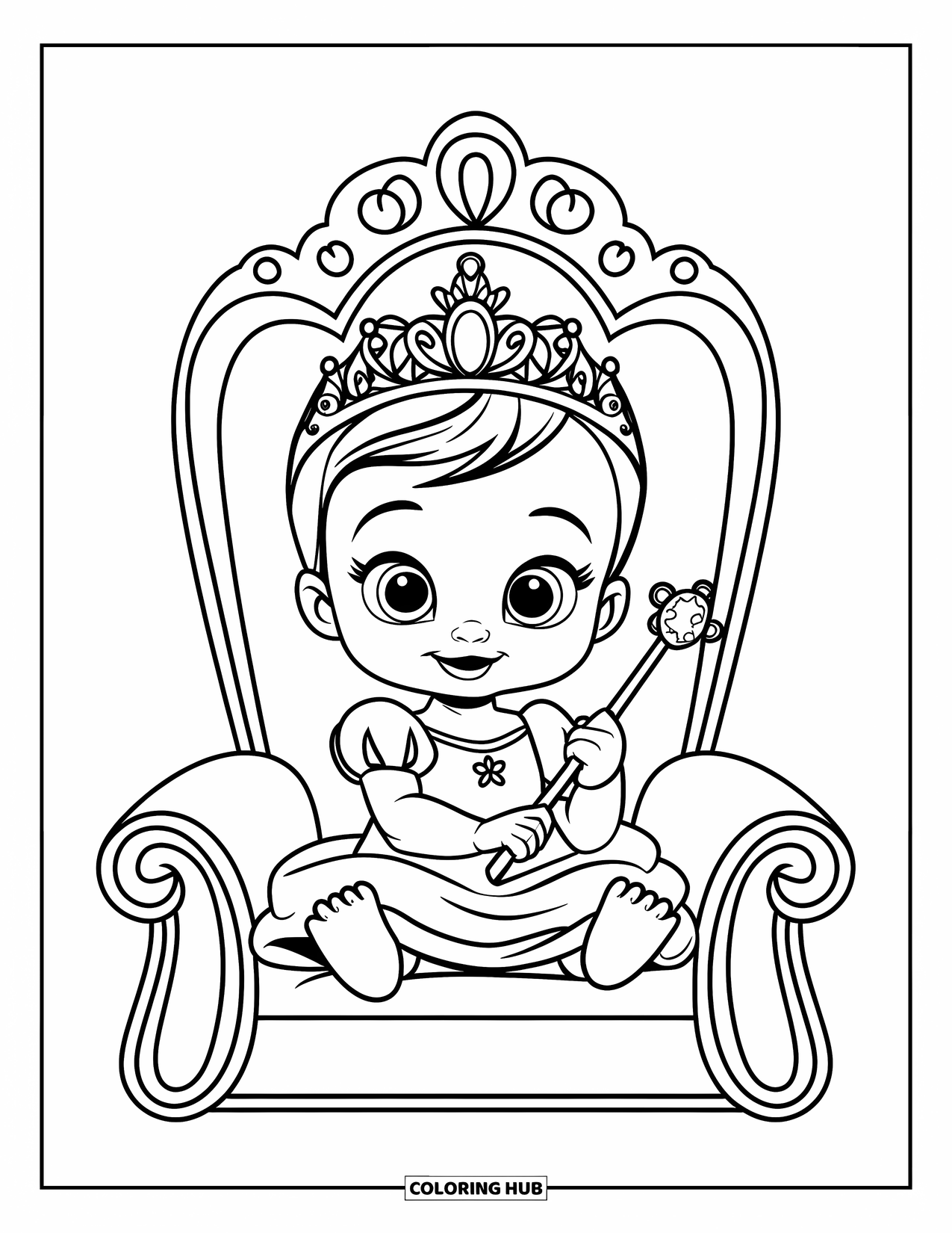 Baby Princess Coloring Page for Kids: A baby princess sits happily on a soft pillow throne with her wand