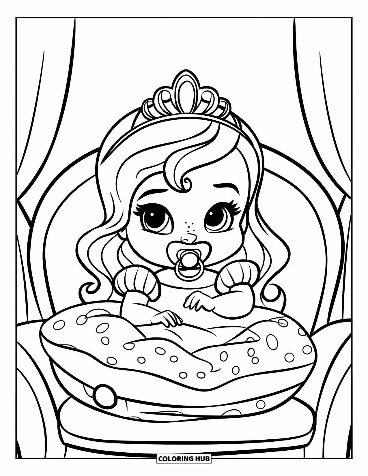 Baby Princess Coloring Page for Kids: A baby princess sits on a pillow wearing her tiny crown