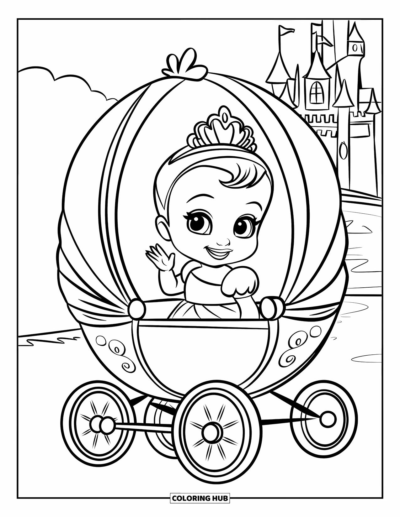 Baby Princess Coloring Page for Kids: A baby princess smiles and waves from her tiny pink carriage