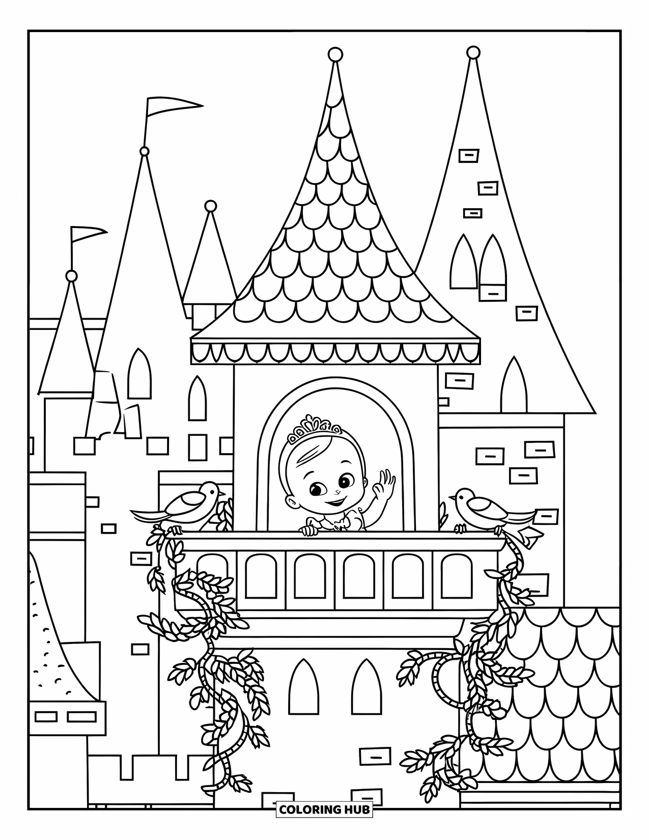Baby Princess Coloring Page for Kids: A baby princess waves from her tower as birds fly by