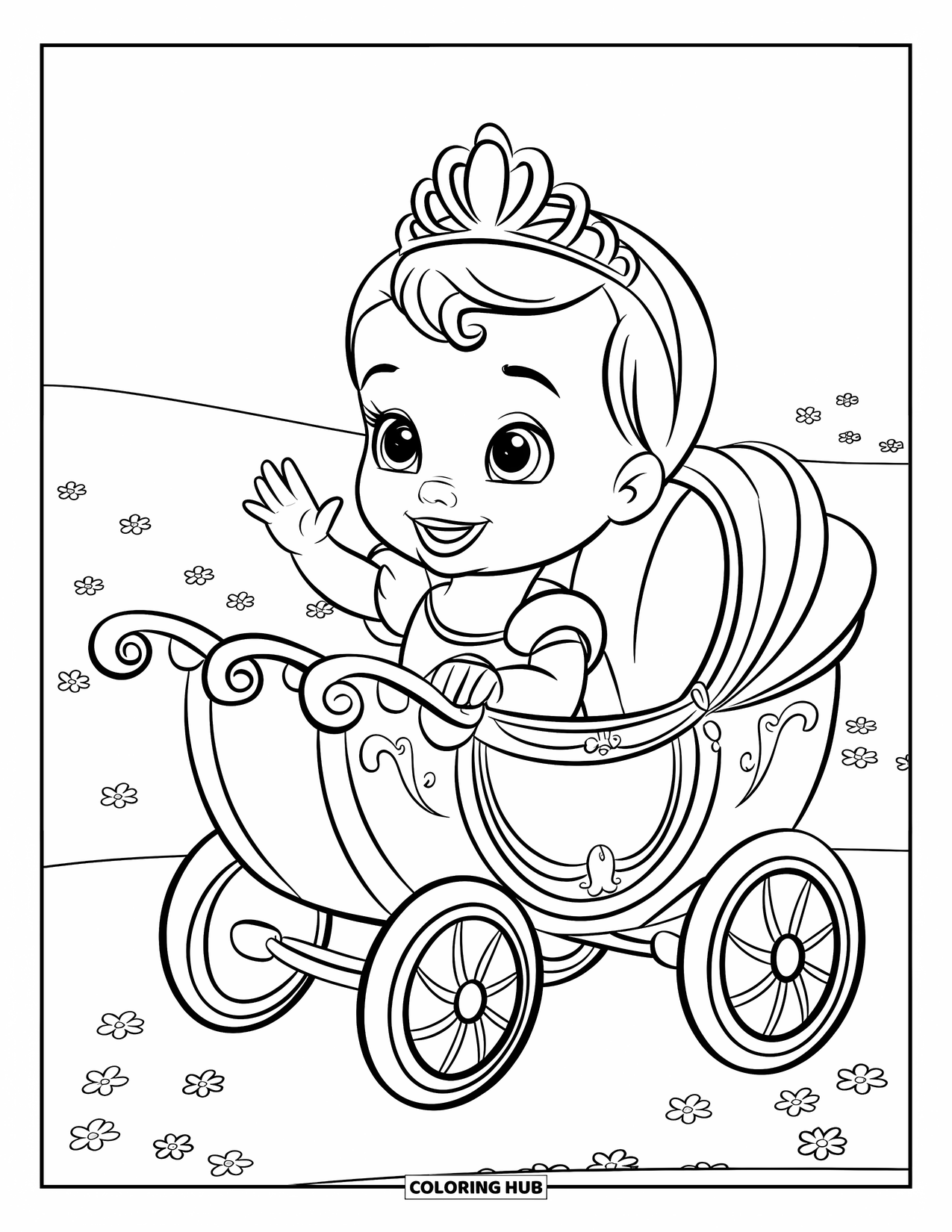 Baby Princess Coloring Page for Kids: A baby princess waves happily from her toy carriage