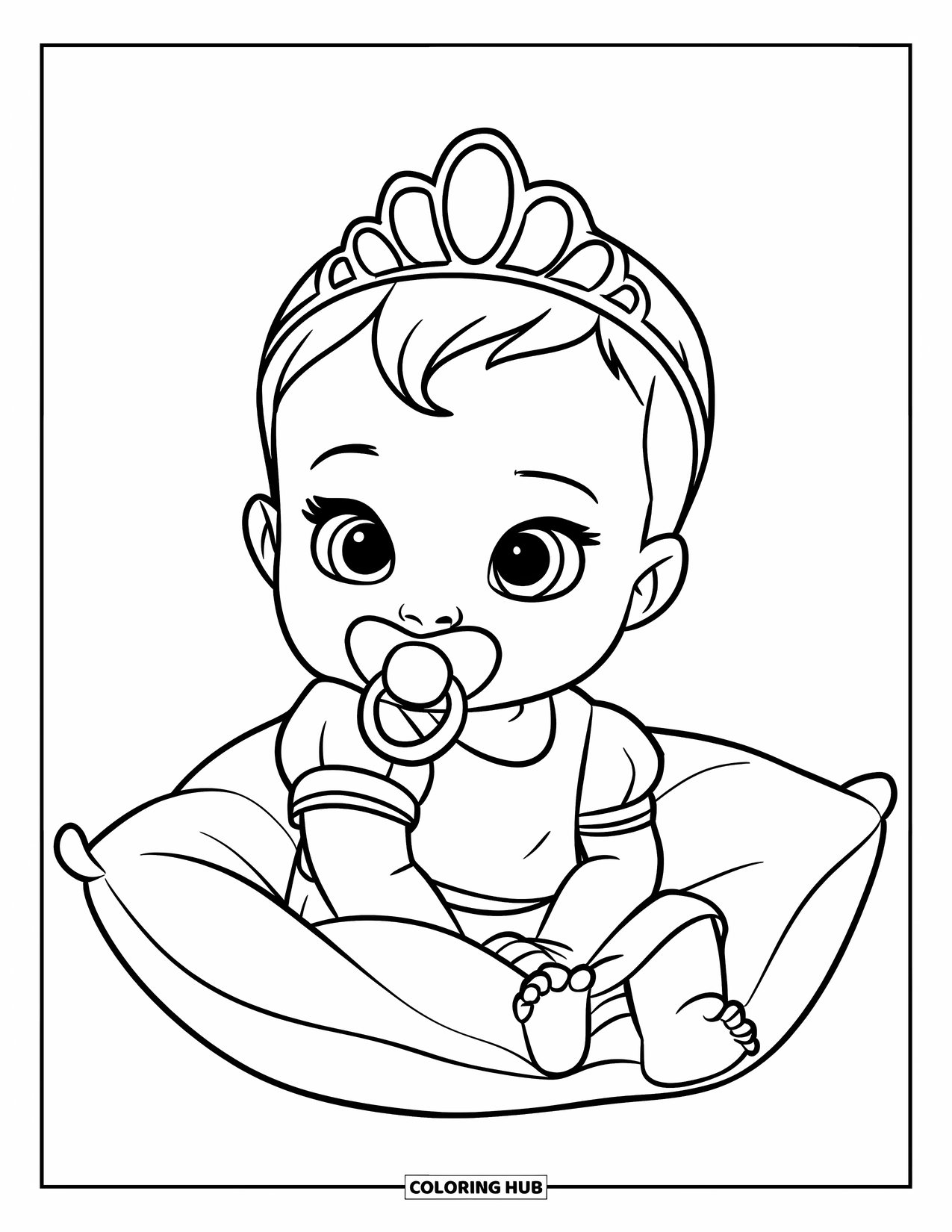 Baby Princess Coloring Page for Kids: A baby princess with a pacifier sits on a fluffy pillow