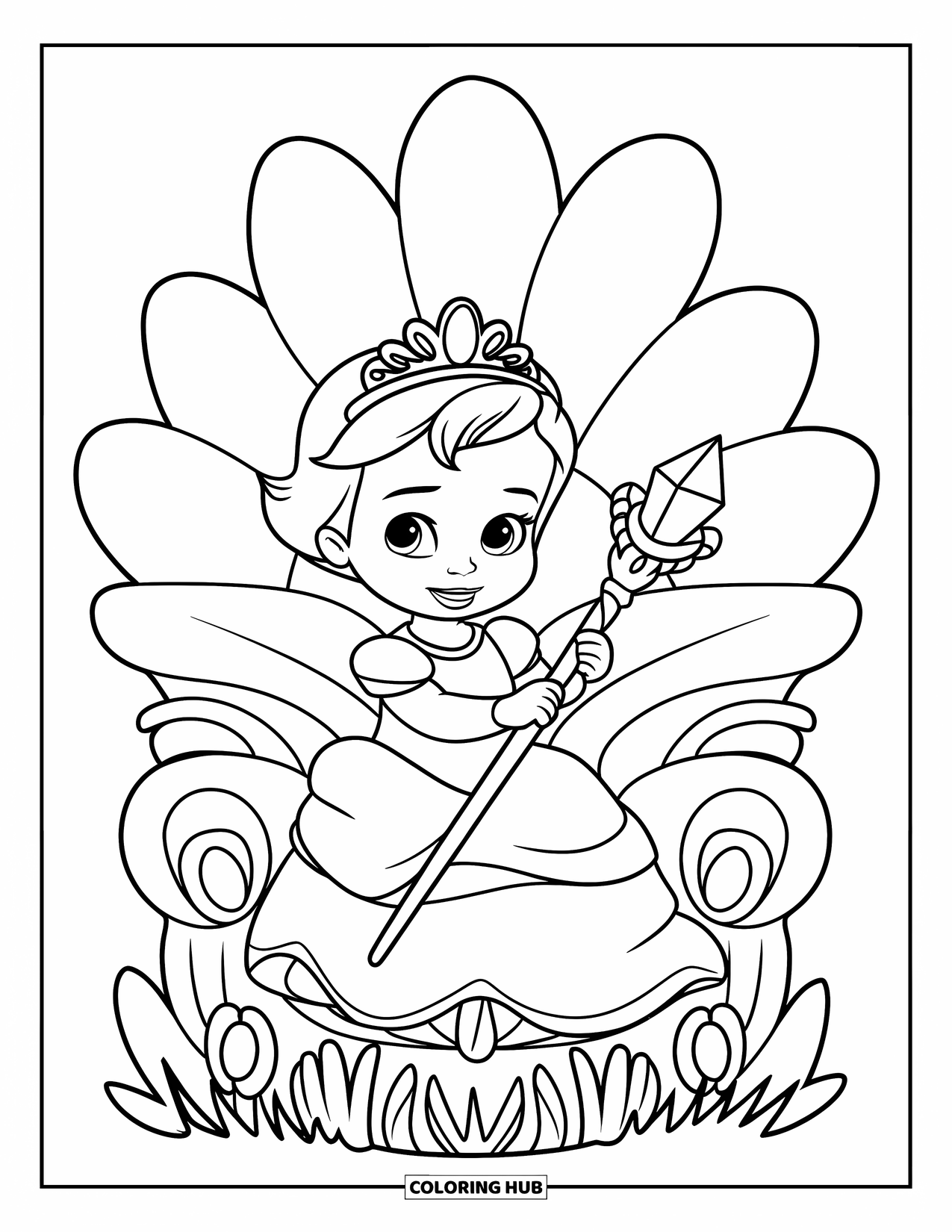 Baby Princess Coloring Page for Kids: A baby princess with her crystal staff sits on a floral throne