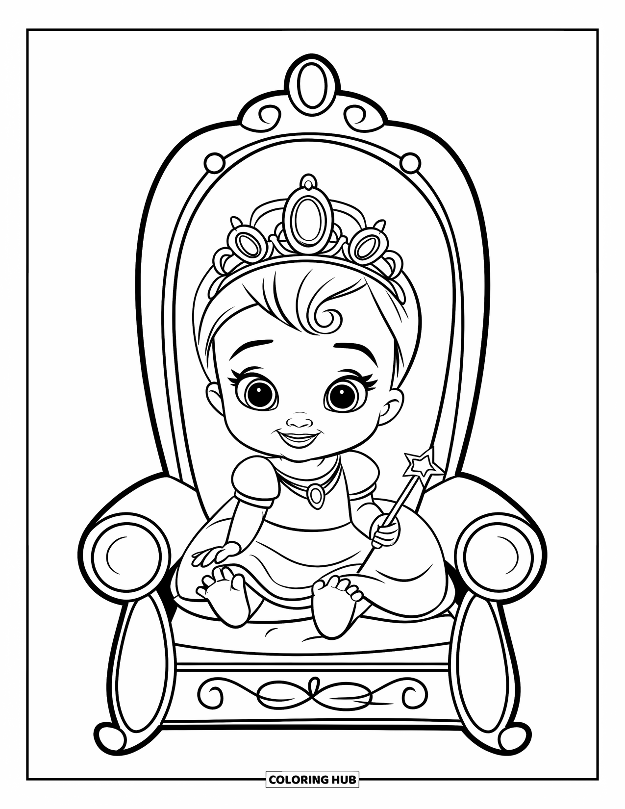 Baby Princess Coloring Page for Kids: A cheerful princess sits on a pillow throne wearing her jeweled crown
