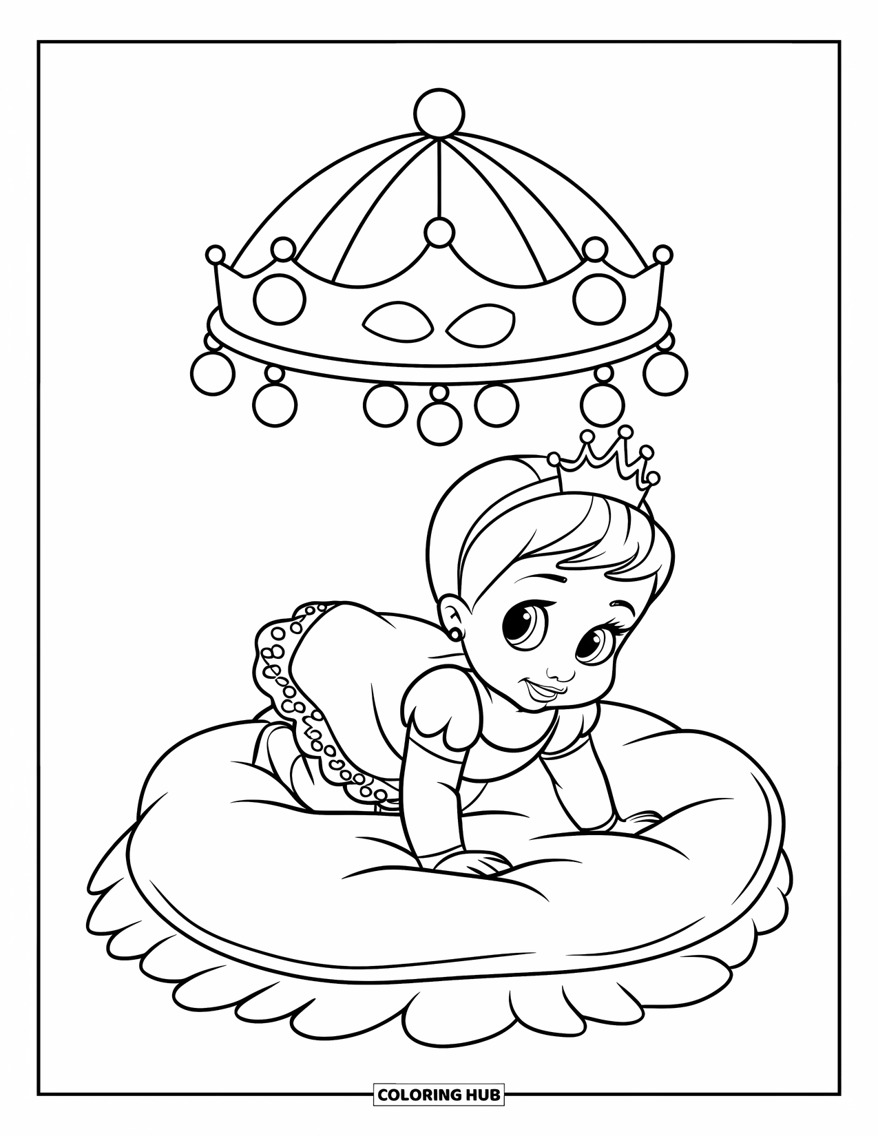 Baby Princess Coloring Page for Kids: A crawling princess smiles beneath a crown-shaped mobile