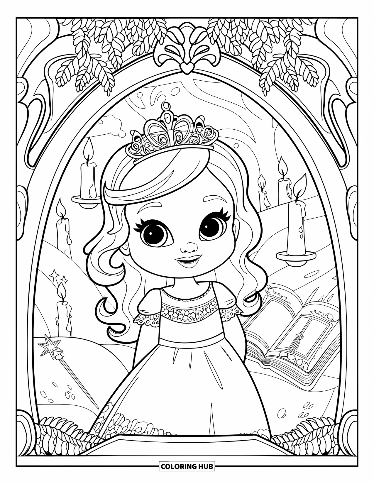 Baby Princess Coloring Page for Kids: A curious princess peeks through a doorway into a magical world