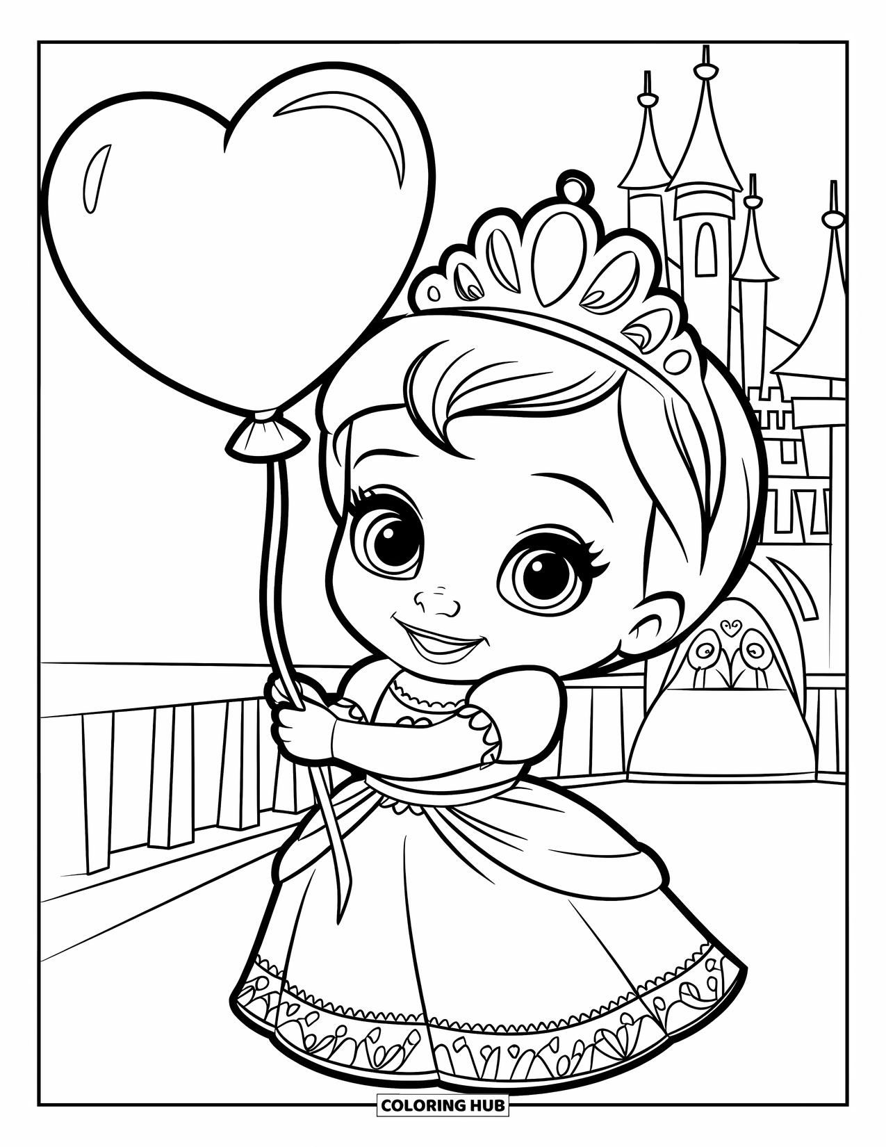 Baby Princess Coloring Page for Kids: A little princess holds her balloon high above the castle towers
