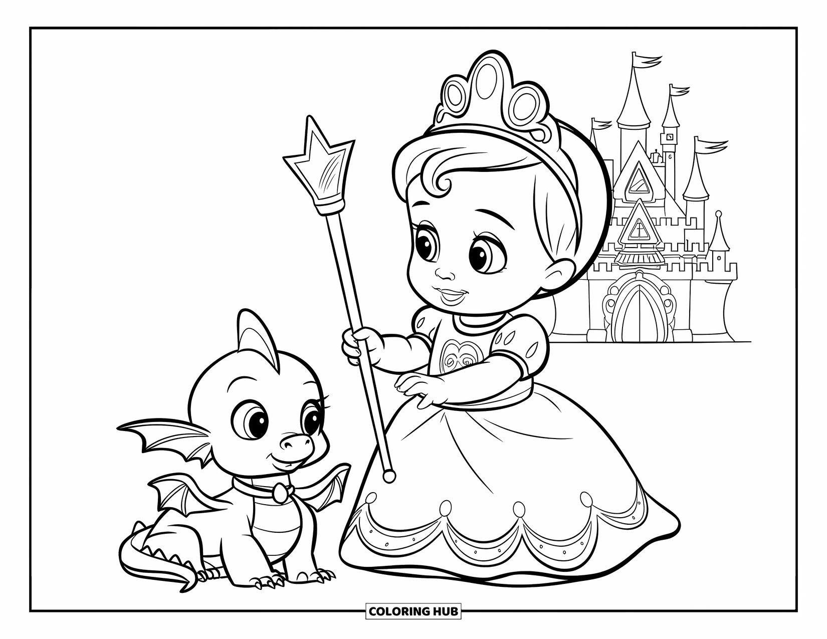 Baby Princess Coloring Page for Kids: A princess stands proudly beside her tiny dragon with folded wings